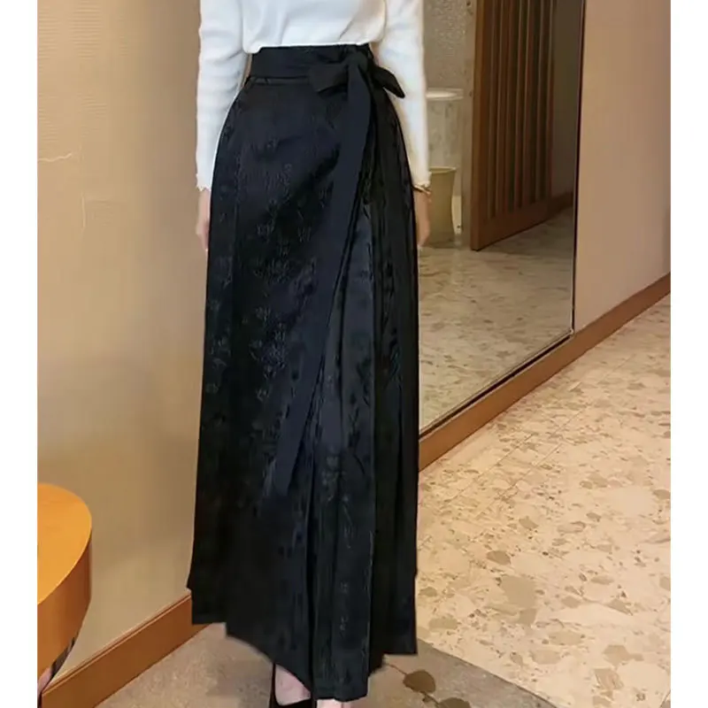 Black Chinese Retro Printed Horse Dress Women's Spring New High-waisted Fashion Versatile Skirt