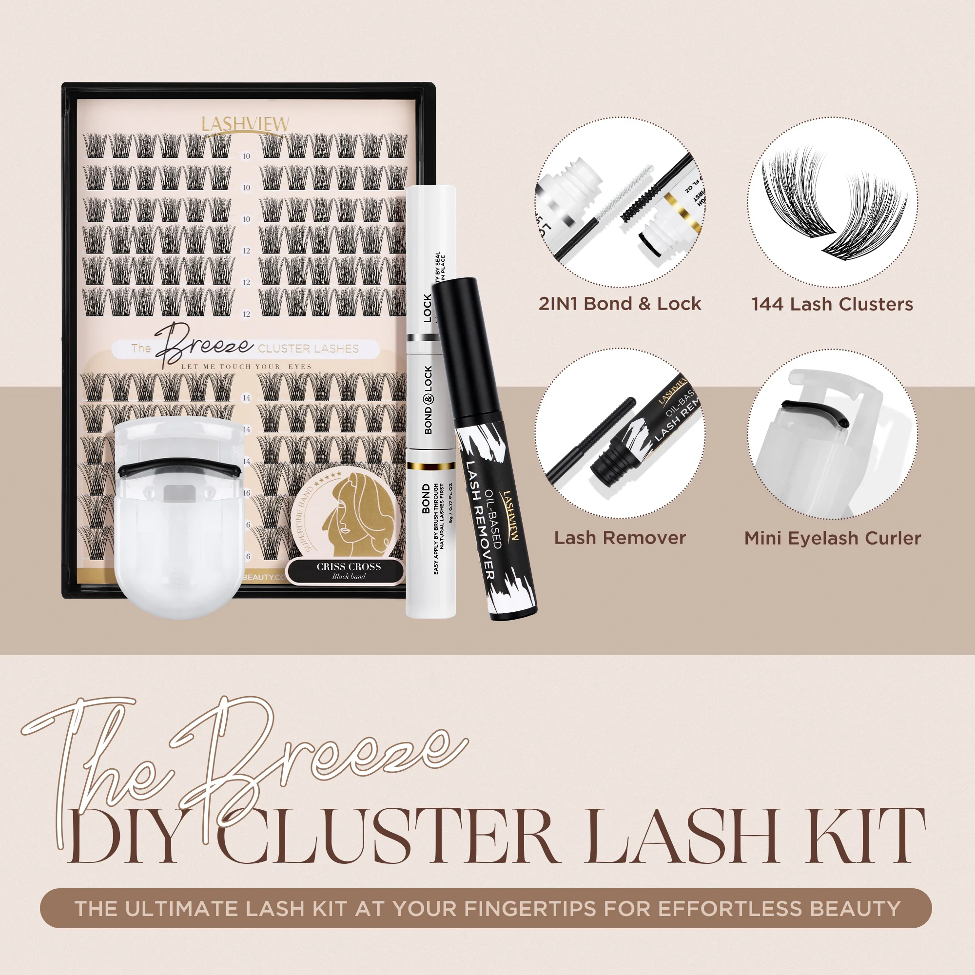 LASHVIEW DIY Eyelash Extension Kit 8-16mm 3D Effect Soft Lightweight Clusters with bond&lock and remover lower irritation