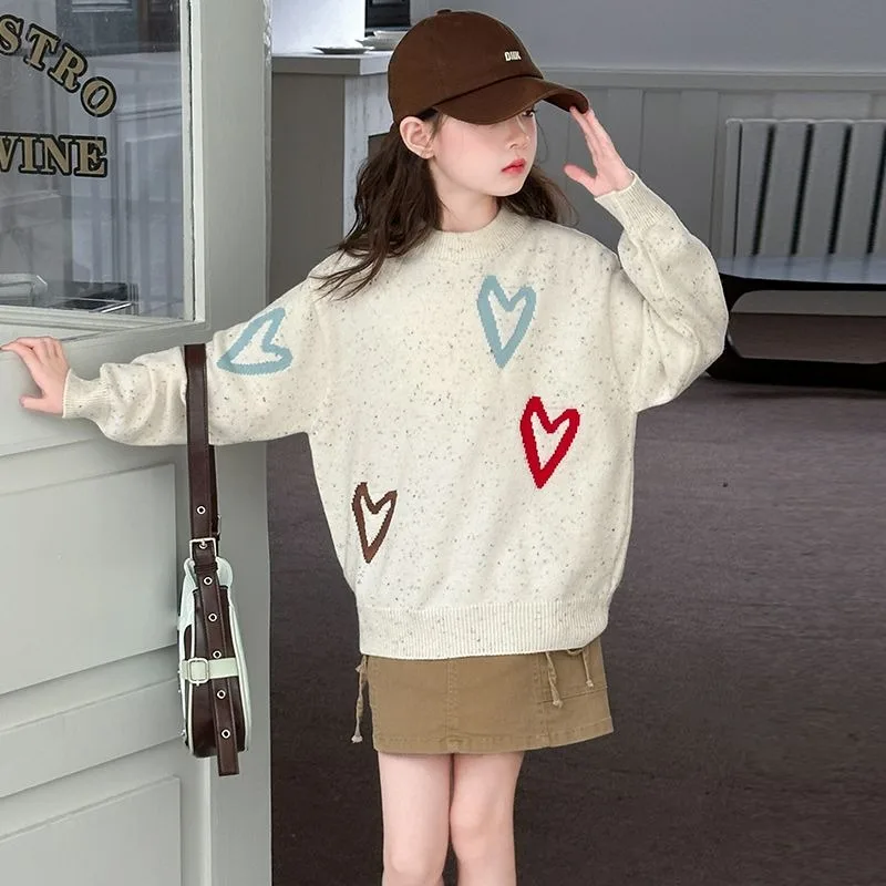 

Stylish Thickened Knitted Hoodie for Tween Girls Cozy Heart Design Winter Sweater for Big Kid Girls