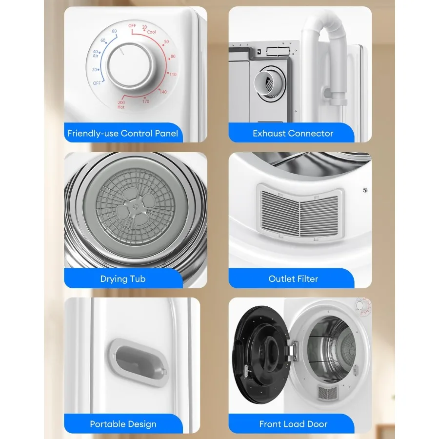 تابو 2.6 كو. مجفف ملابس محمول بقدرة 1300 وات مع حوض من الفولاذ المقاوم للصدأ، مجفف كهربائي ذو تحميل أمامي بوزن 10 رطل مع 4 أوتار