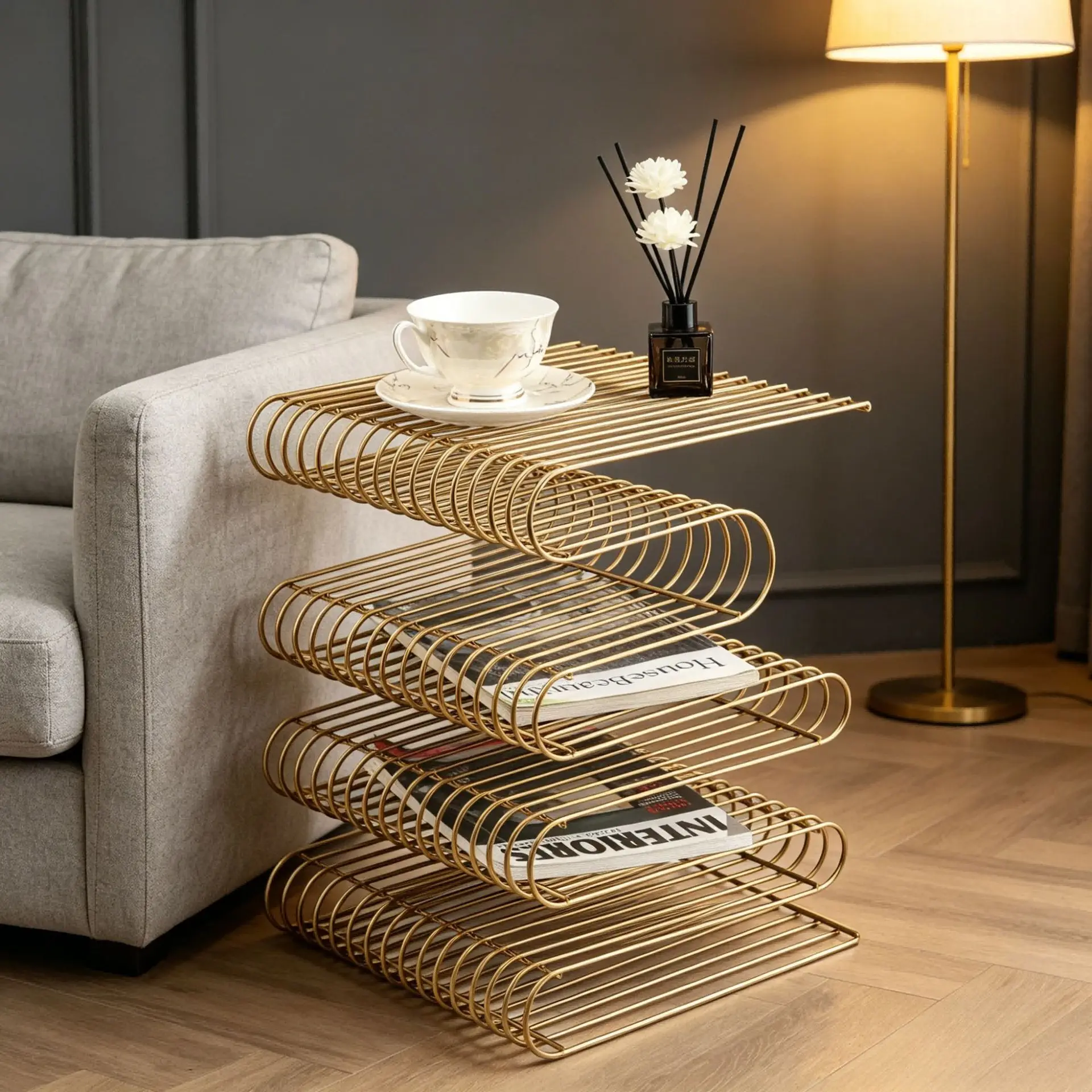 Storage bookshelf Nordic wrought iron small coffee table simple modern creative sofa side table living room balcony newspaper