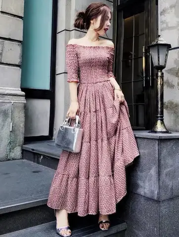 Elegant Womens Chiffon Dress with Print Flowers High Waisted Slimming Dresses Vintage Style Long Dresses Clearance