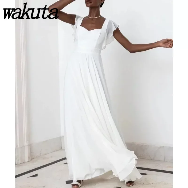 Wakuta Chic Women's Chiffon Bridesmaid Dress Long Formal Evening Prom robe with Flutter Sleeve Lace Up Party Graduation Vestidos