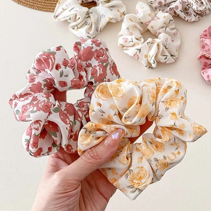 Korean Floral Print Scrunchies Sweet Women Girls Hair Ties Tulip Rose Hairband Hair Rope Summer Hair Accessories Ponytail Holder