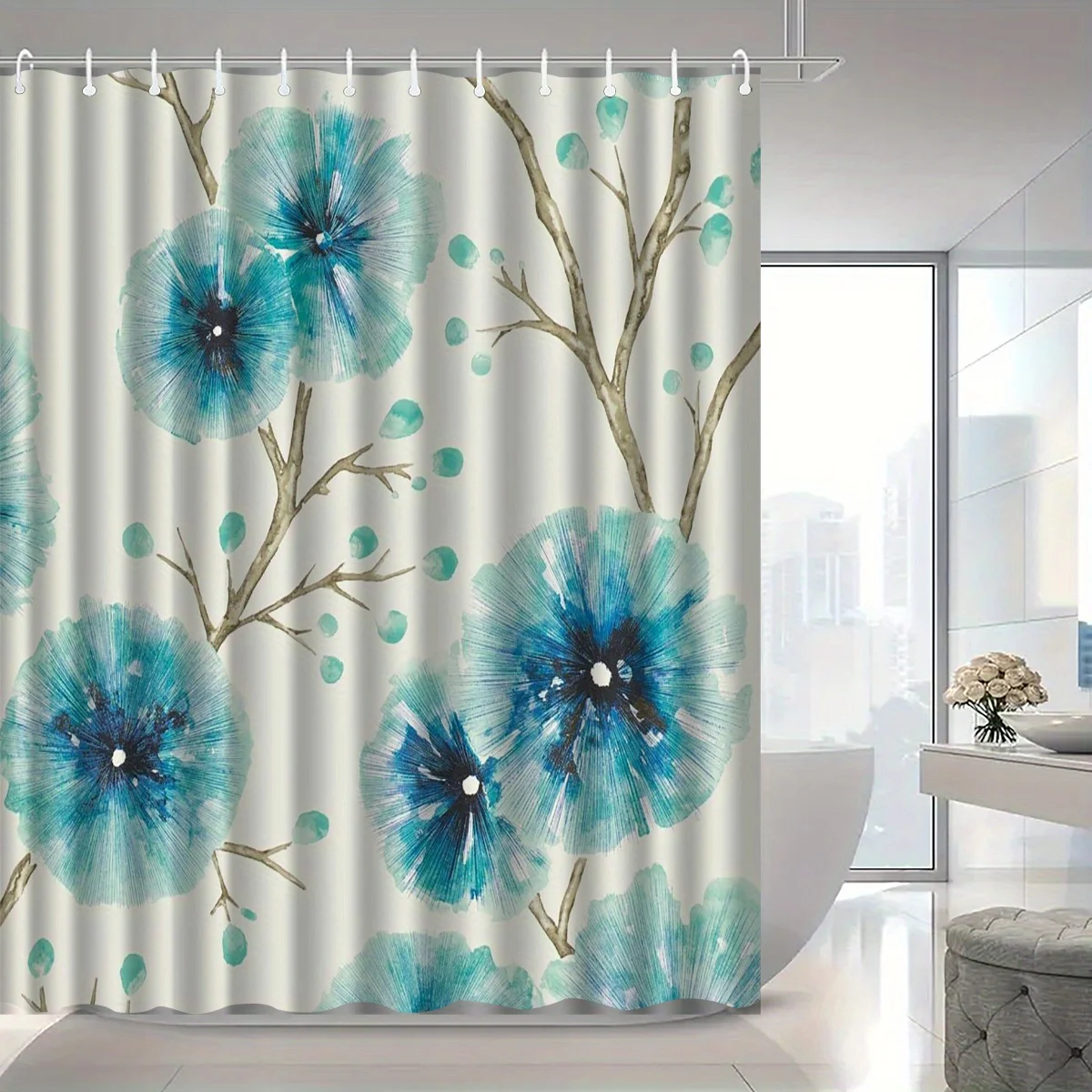 

Floral Pattern Shower Curtain, Vibrant Blue & Black Flowers, Polyester, Machine Washable, Hooks Included, Bathroom Decor