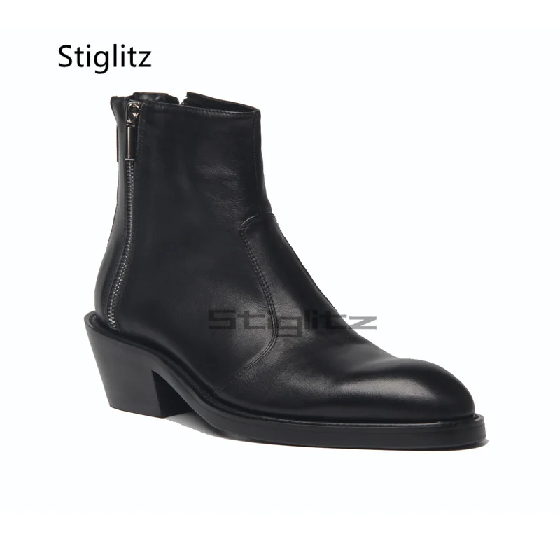 Small Square Toe High Heeled Men\'s Boots Black Genuine Leather Ankle Boots Business Dress Wedding Shoes Male Chelsea Boots