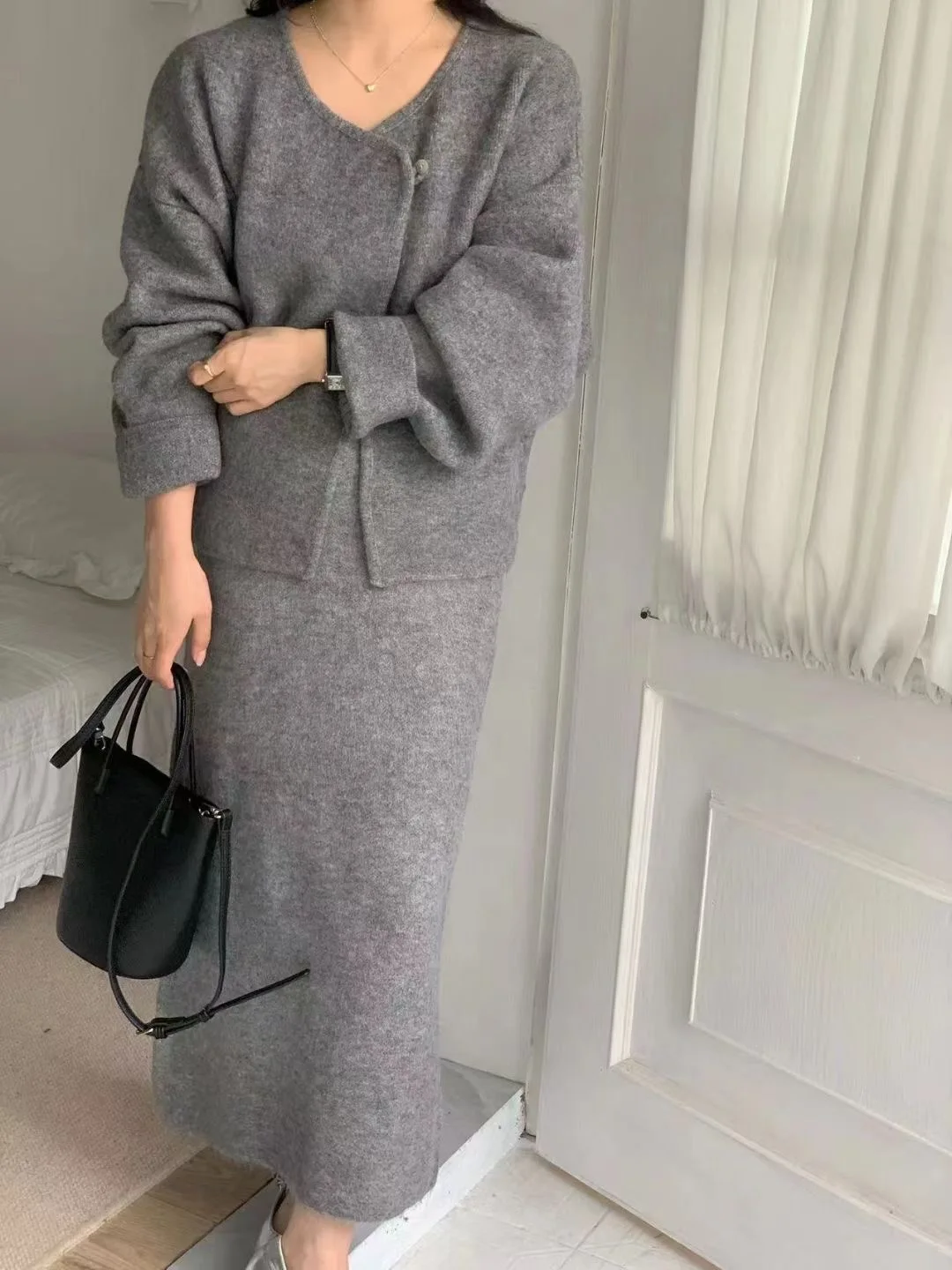 Women's Loose Knitted Open Cardigan Jacket High Waist Side Slit Straight Leg Bodycon Skirt Set Cotton Fashion Autumn Wear