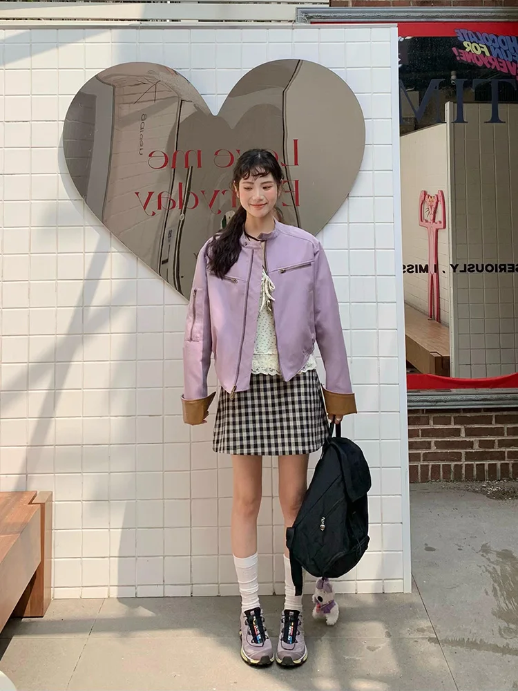 Giacca Corta in Pelle PU da Donna, Stile Motociclista, Colore Viola Taro, per Primavera e Autunno, Moda Piccola Fragranza, Antivento