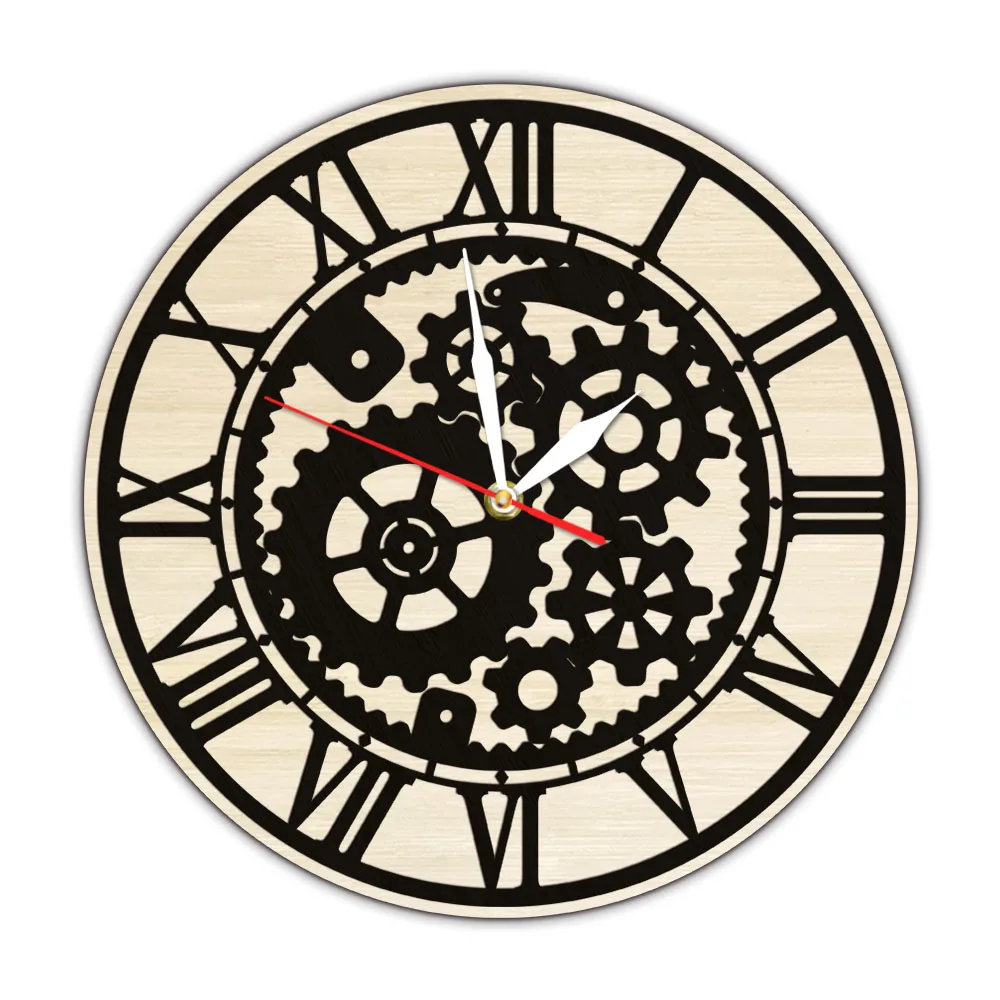 Mechanical Gear Skeleton Wooden Wall Clock For Bedroom Steampunk Home Decor Wall Watch Industial Style Clock With Roman Numerals