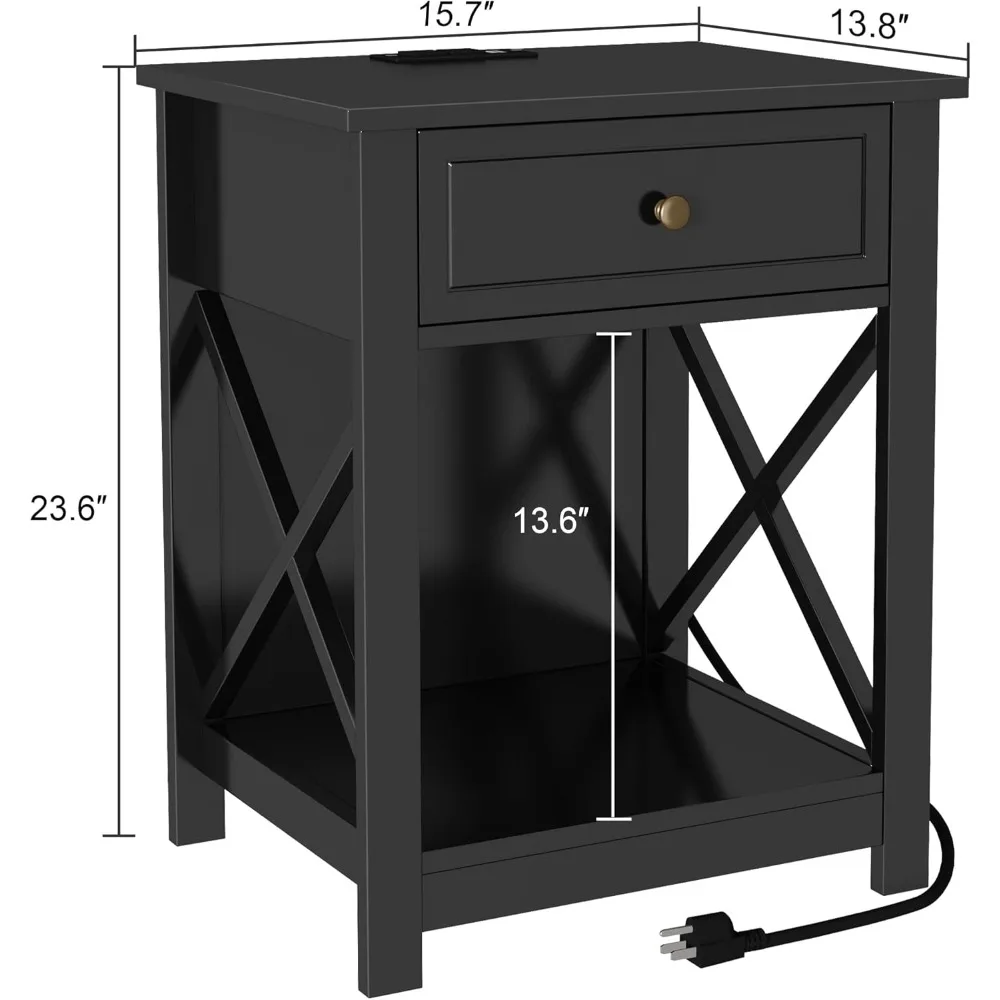 Treocho Schwarzes Doppel-Beistelltisch-Nachttisch-Set mit Ladestation, Beistelltischen im X-Design mit 2 AC- und USB-Anschlüssen, kompaktes Ni