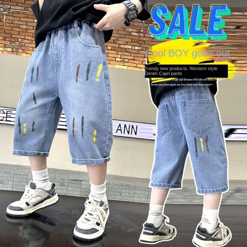 Korean Boys Denim Shorts Summer Fashion Print Casual Loose Jeans Shorts for Boy Calf-Length Trousers Kids Clothes Fashion Outfit