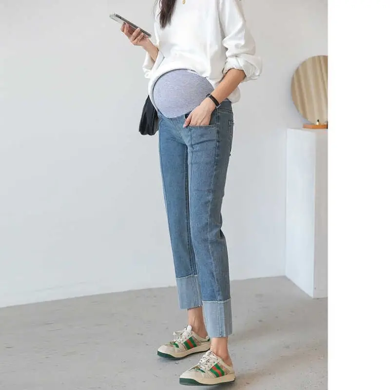 

9/10 Spring Summer Denim Maternity Jeans Elastic Waist Belly Straight Harem Pants Clothes for Pregnant Women Roll Up Pregnancy