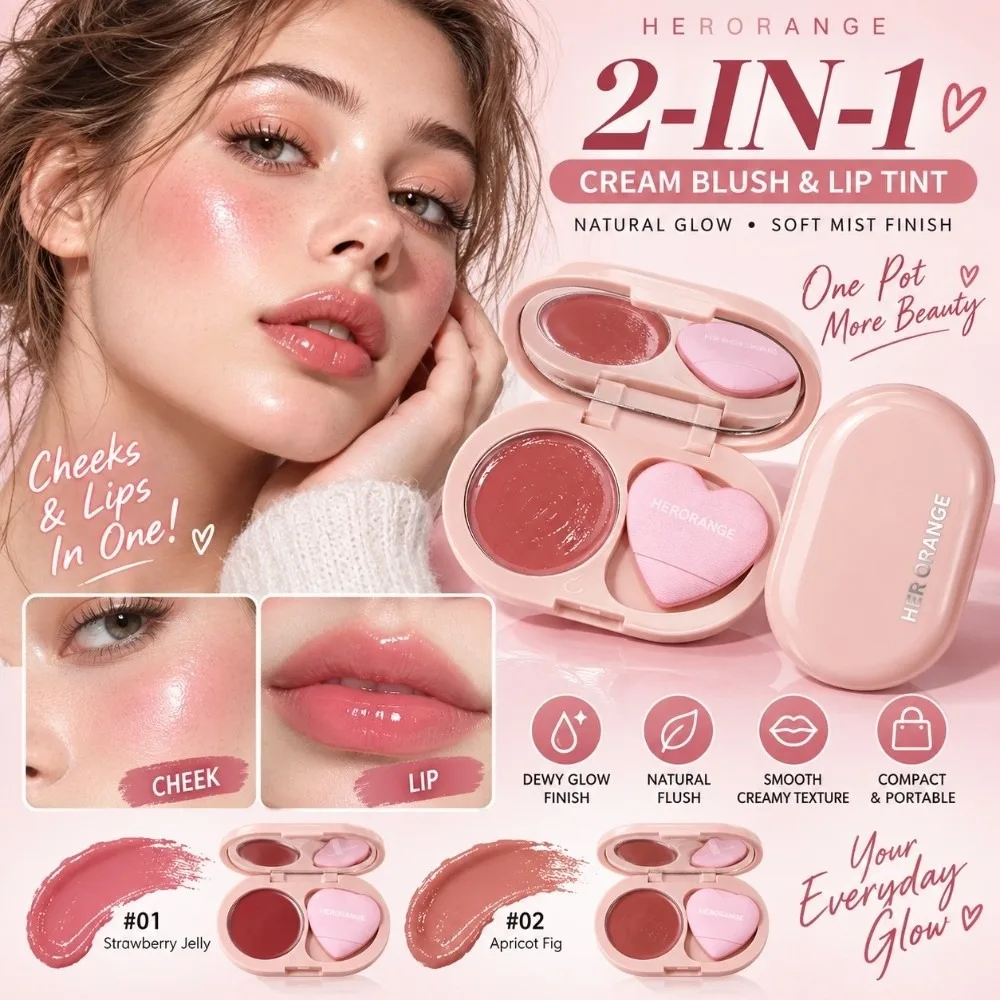 2-in-1 Blush & Lip Mud Rouge with Air Cushion Waterproof Jelly Lip & Cheek Multi-Use Balm Smooth Lasting Makeup Blush Cream