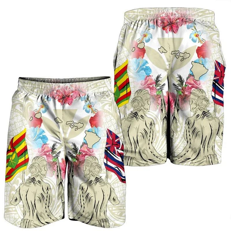 Hawaii Map Flag Men Shorts Kanaka Two Men Holding Beach Shorts Swim Short Trunks Gym Ice Shorts Boy Board Short Pants Polynesian