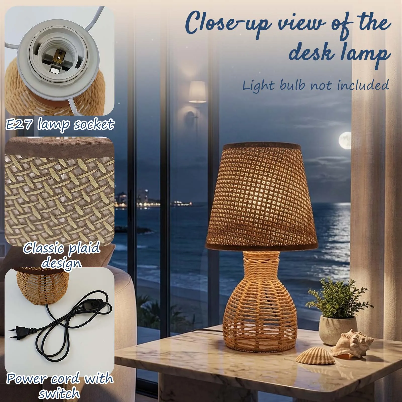 Table Lamp, Brown Woven Rattan Shade, Diagonal Weave, Woven Gourd Base, E27, Coastal Boho