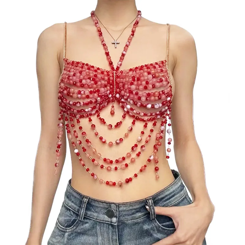 

Бюстгальтер-бралетт ручной работы с красными бусинами, шикарное украшение для женщин, кристаллы, цепочка на грудь, для рейв-фестивалей, топ-цепочка на тело