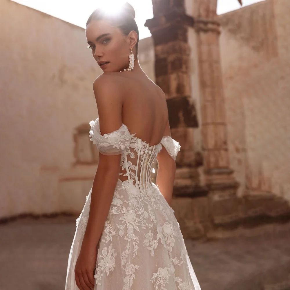 맞춤형 오프숄더 지퍼 웨딩드레스 여성용 V넥 매력적인 심플 레이스 아플리케 신부 드레스 베스티도스 데 노비아