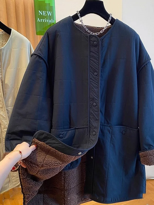 معطف طويل مبطن بفرو خروف أصلي كبير الحجم متوسط الطول من القطن Jaet للنساء من ألياف الخيزران عادي Sve #2