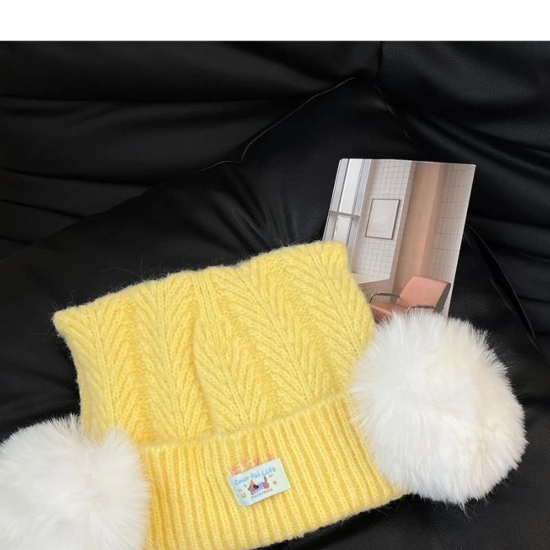 Niedliche Strickmütze mit Pompon-Ohren-Design, Katzenohren, Herbst- und Winter-Outdoor, warm, verdickt, vielseitig, Ohrenschutz, Skull-Beanie-Mütze – Detail 5