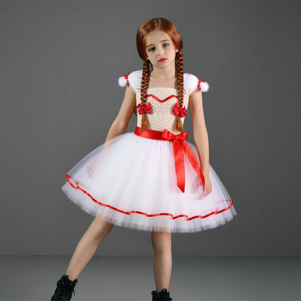 2014 Film Horor Kostum Annabelle Cosplay Fantasi Gadis Pakaian Busur Rambut Klip Menyamar Remaja 6 Sampai 14 Tahun Fantasia Pakaian