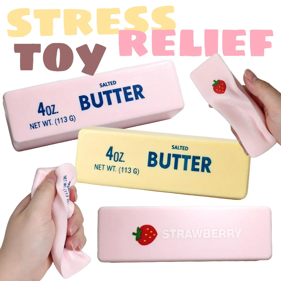 Juguete antiestrés en forma de barra de mantequilla, color rosa fresa, amarillo, juguete para aliviar el estrés para adultos, juguete sensorial, regalo para relajar las manos