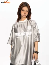 American Style Metallic Silver T Shirts Men Women Patchwork Oversized Hip Hop Street Letter T-shirt Y2K Loose Harajuku Tee Tops