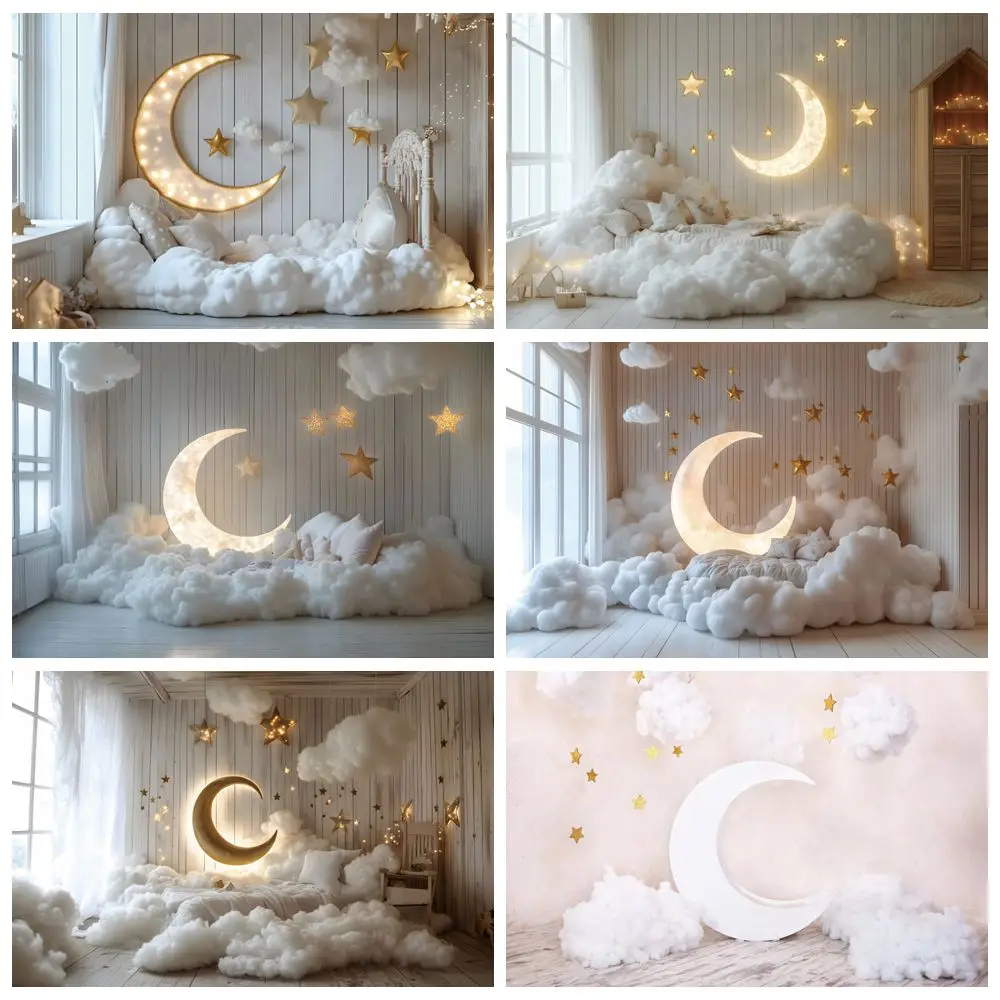 

Moon Stars Backdrop White Clouds Room Bed Baby Shower Kids 1st Birthday Party Photography Background Decor Photo Studio Props