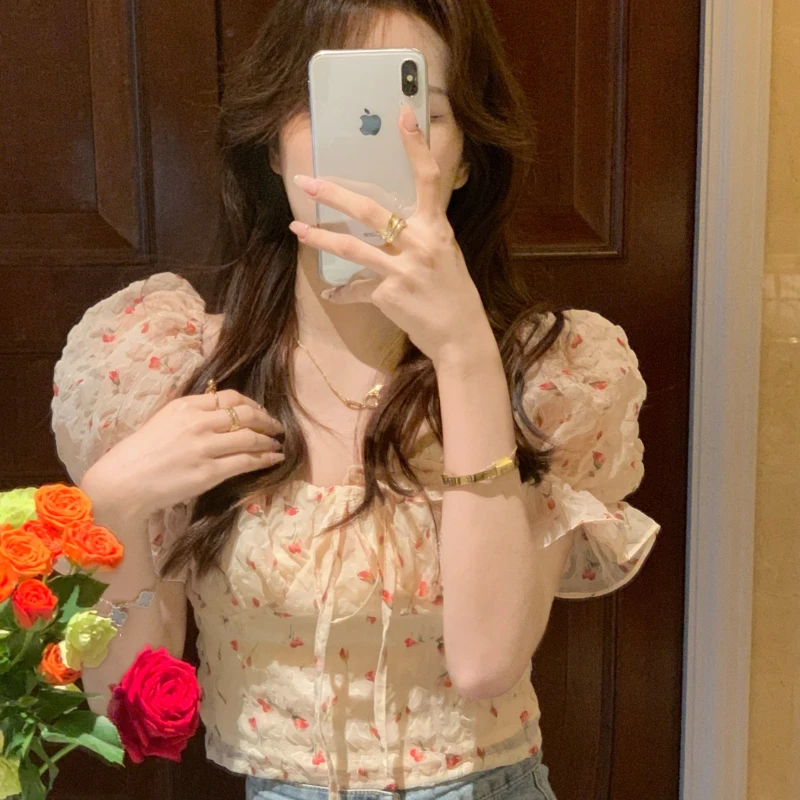 Puff Sleeve Blouses Women Hotsweet Floral Young Beach Style Casual Y2k Tops Fashion Summer Ulzzang Daily Ins All-match Simple