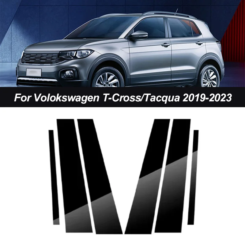 

6Pcs Pillar Posts Cover For Volokswagen T-Cross/Tacqua 2019-2023 Window Door Side Trim Cover Sticker Glossy Black Car Accessory