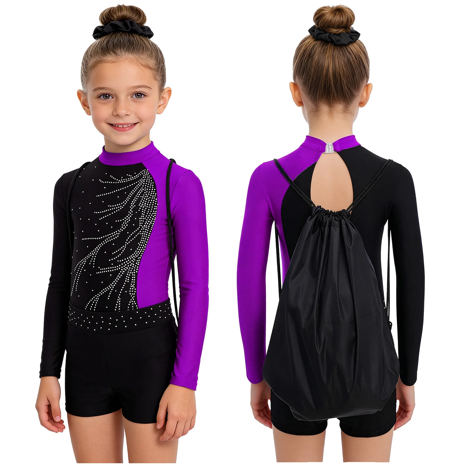

Kids Ballet Latin Dance Performance Clothes Set Girls 4 Pieces Including Mock Neck Leotard with Shorts Hair Band and Storage Bag