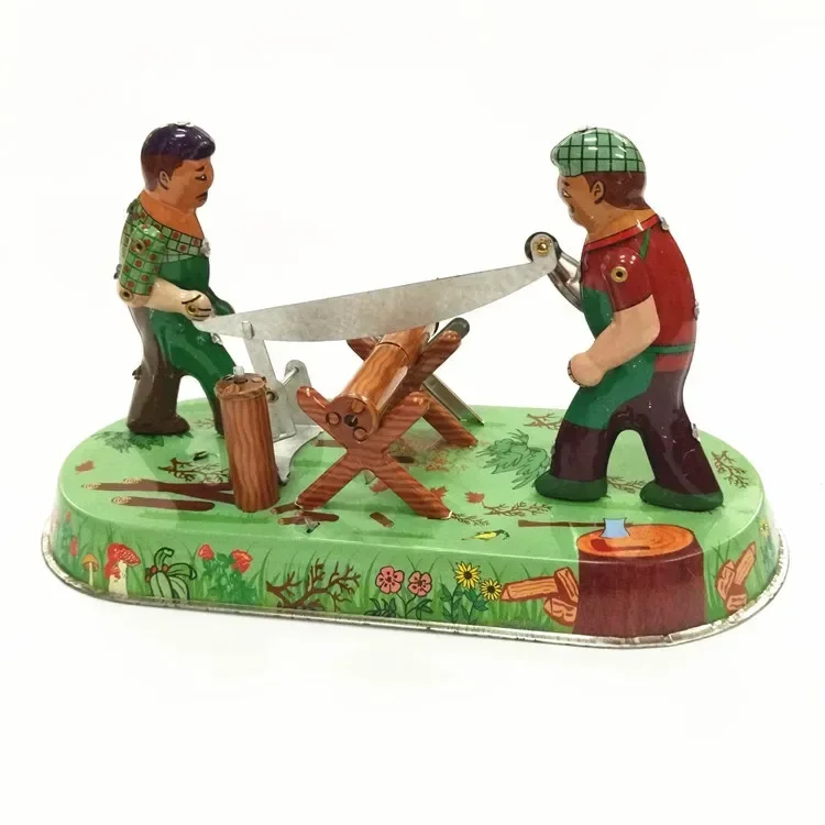 [Lustig] Erwachsene Sammlung Retro Aufziehspielzeug Metall Zinn Säge Holzbearbeitung Sabre Mann Mechanische Uhrwerk Spielzeugfiguren Modell Kinder Geschenk