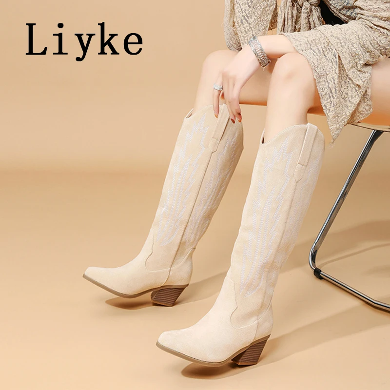 

Liyke Big Size 42 43 Winter Vintage Knee High Cowboy Boots For Women Pointed Toe Low Thick Heels Western Shoes Long Botas Mujer