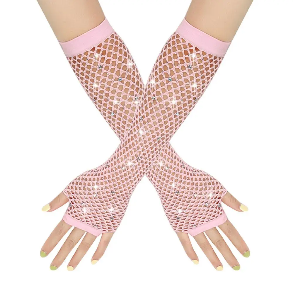 Arm Sleeve Sexy Mittens Long Fishnet Net Gloves Shiny Rhinestone Fingerless Mesh Punk Rock Night Club Sexy Mittens Wholesale