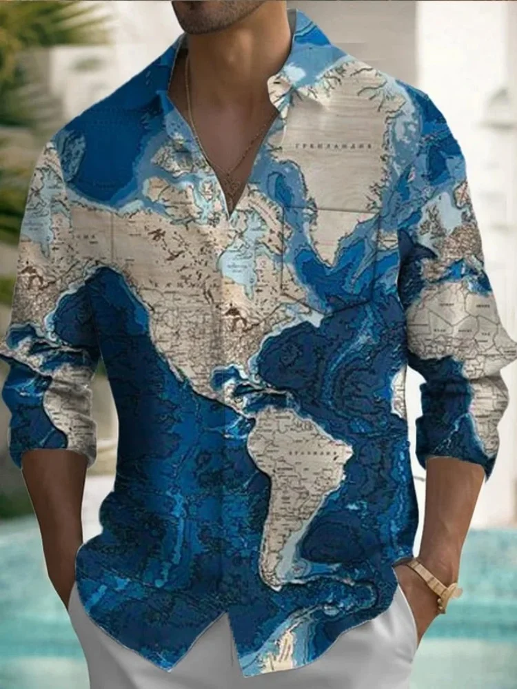 Männer Welt 3D Druck Tasche Langarm Hemd Urlaub Herbst Revers Kragen Büro Männlich Tops Mode 2025, Pendeln Tuniken Kleidung
