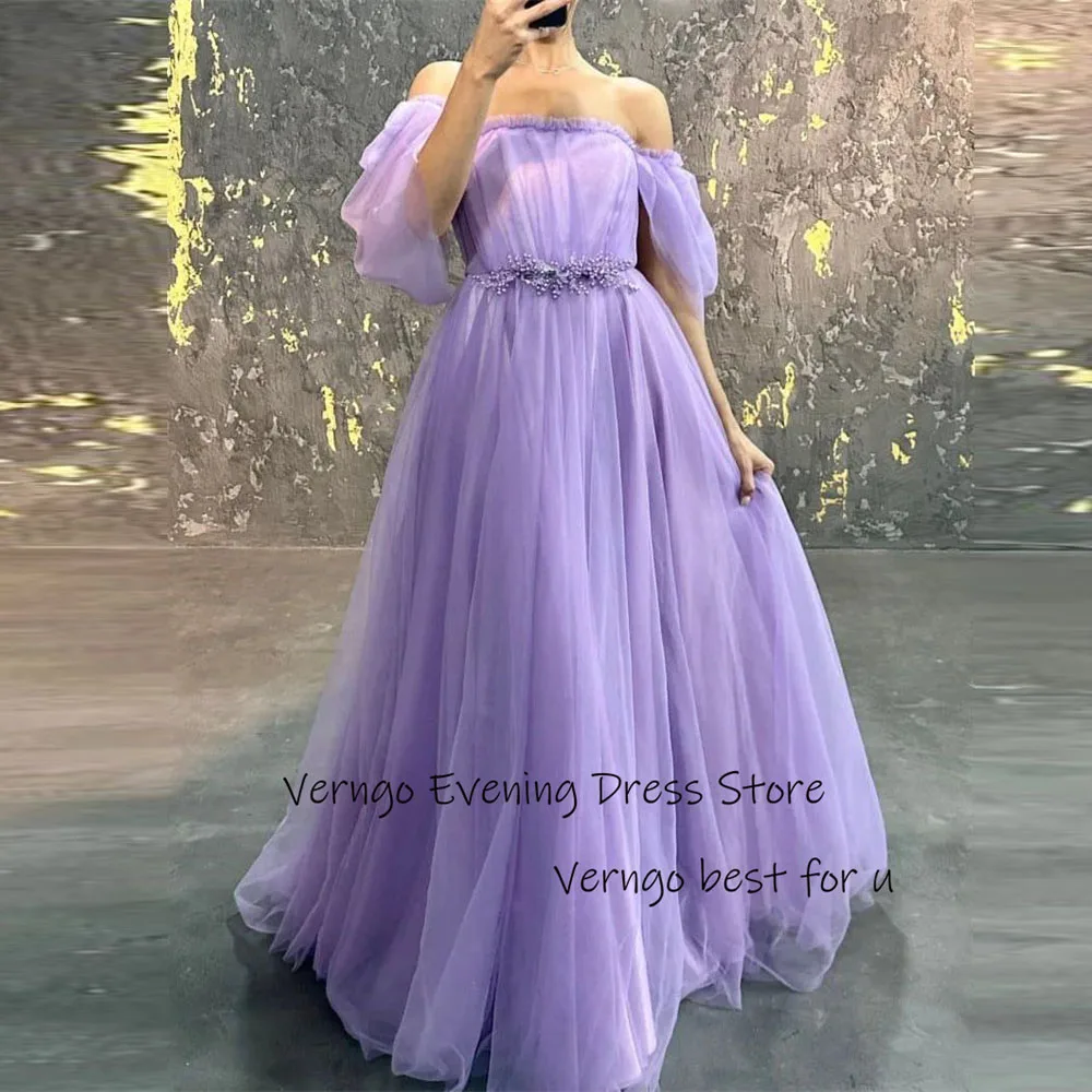 

Verngo Elegant Lavender Tulle Prom Dresses Off the Shoulder Puff Sleeves Crystal Sash Arabic Women Evening Gowns Formal Party