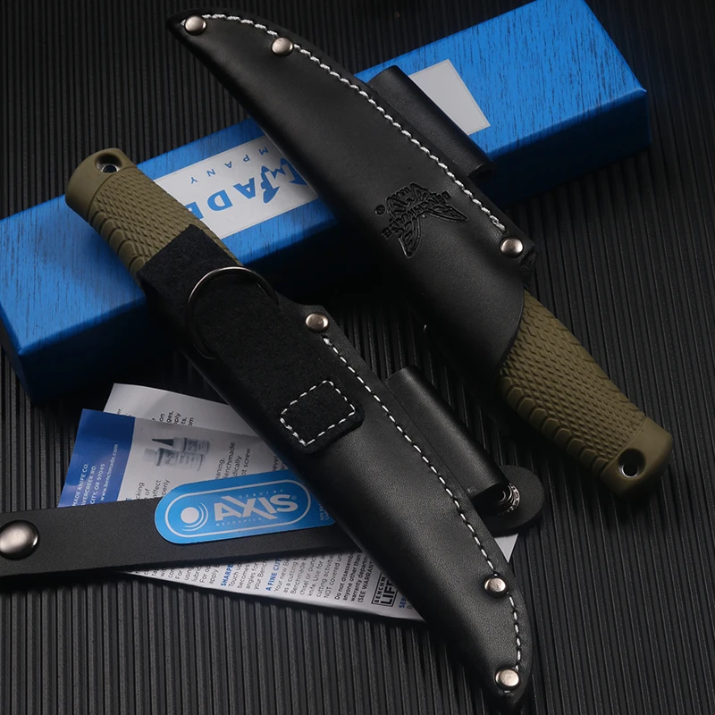 The straight blade CPM-3V blade, OD green Santoprene handle, black leather sheath is suitable for outdoor household use