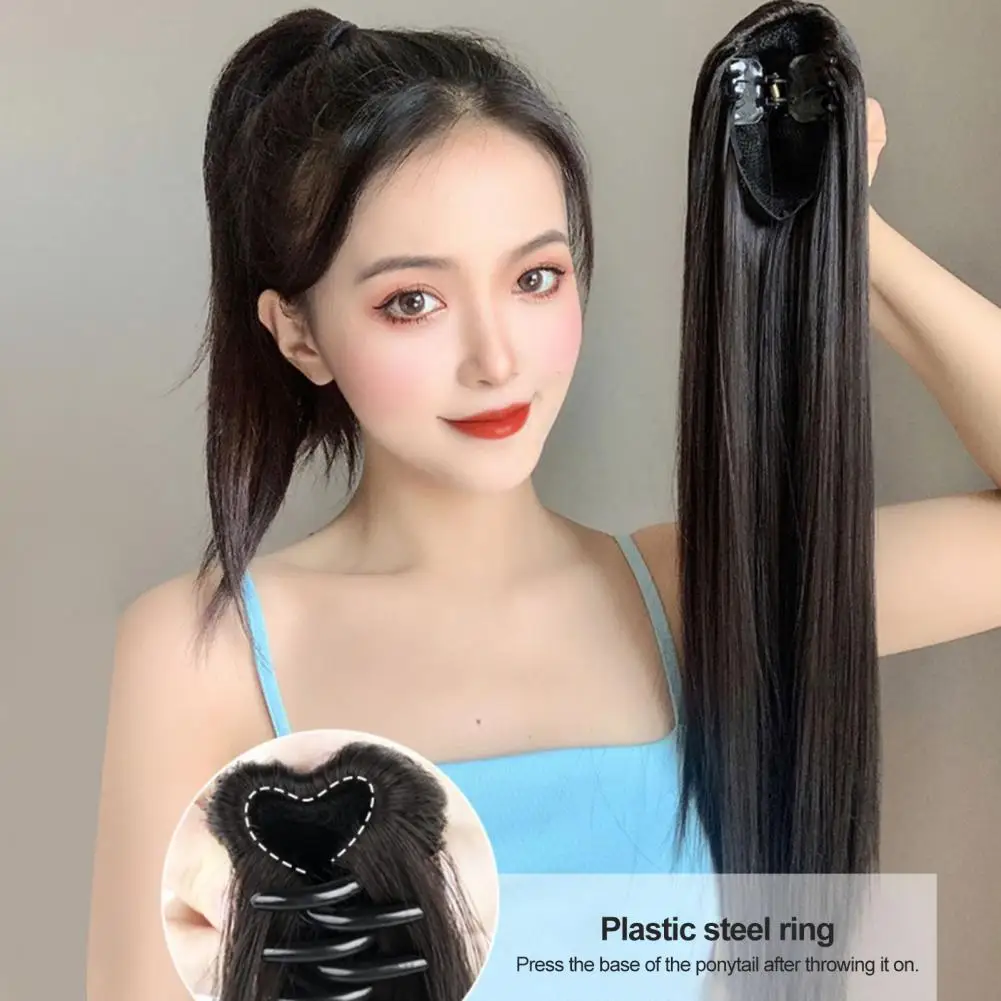 Synthetic Ponytail Hair Extension Clip in Fake Wig Hairpiece Wrap Around Pigtail Long Straight Smooth Overhead PonyTail lace