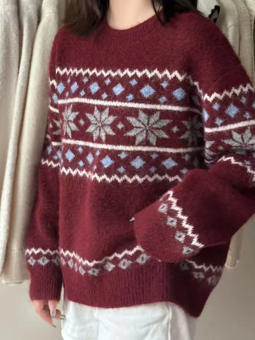 여성용 가을 겨울 스웨터 레이지 슬레 플라워 패턴 베이스 루즈핏 롱 슬리브 라운드 넥 탑