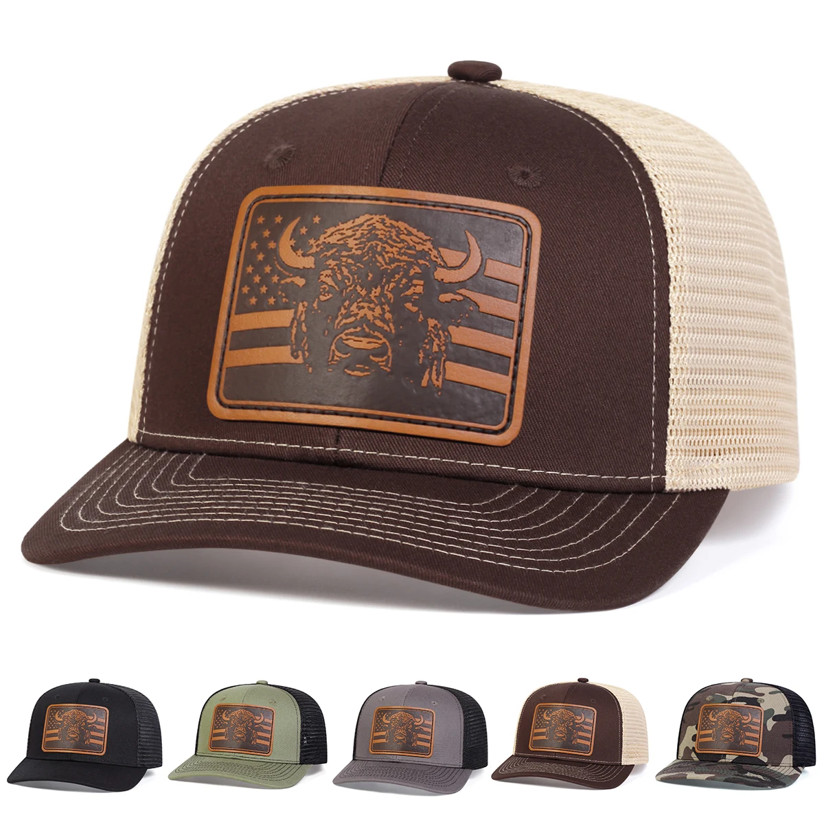 Unisex Brown Flag Bull Head Leather Label Baseball Net Caps Spring and Summer Outdoor Adjustable Casual Hats Sunscreen Hat