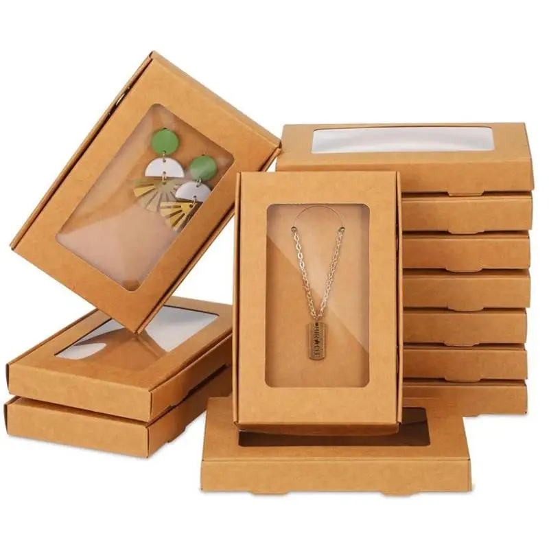 10PCS Durable Kraft Paper Jewelry Boxes with Transparent Window Eco-friendly Packaging for Small Business Jewelry Shipping