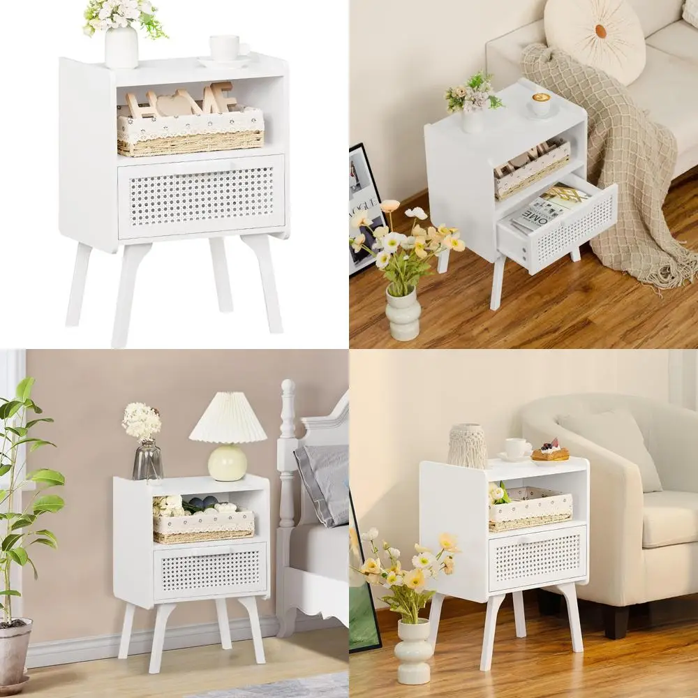 mid-century modern rattan nightstand with drawer and open shelf, solid wood legs