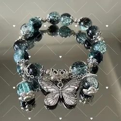 Vintage Butterfly Tassel Bracelet for Women Exquisite Dark Green Gradient Crystal Beaded Bracelet Student Friendship Jewelry Gif