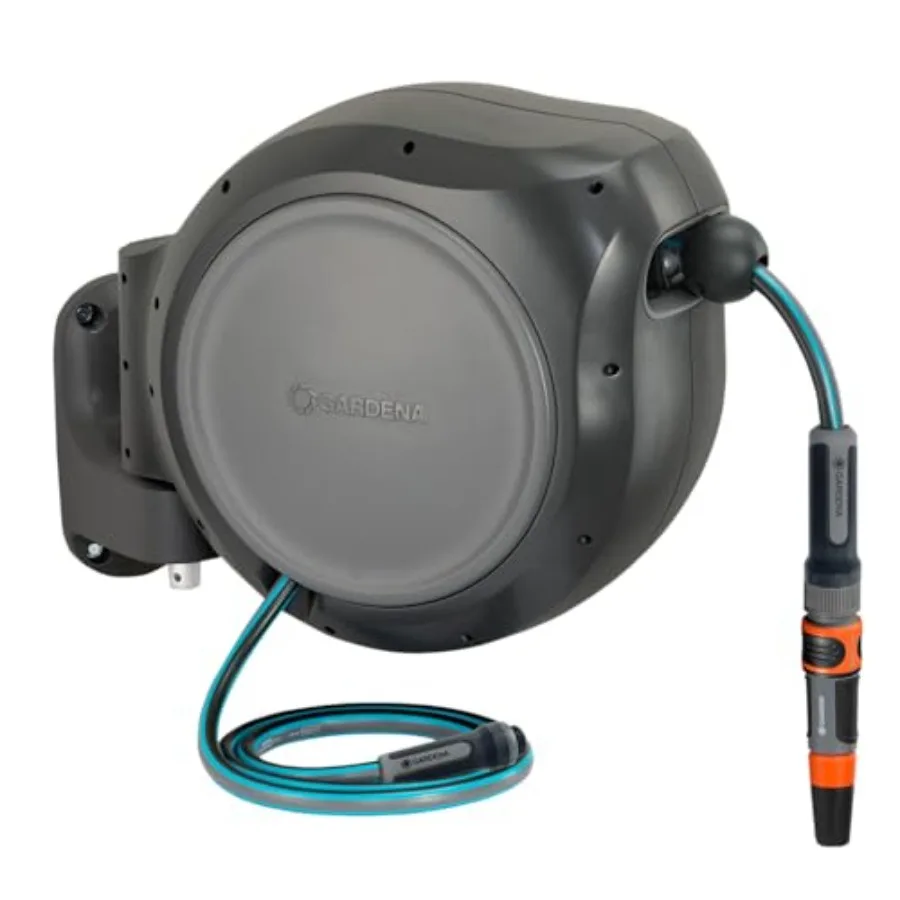 Heavy duty wall mounted retractable garden hose reel with 50 feet of 1 2 inch durable hose automatic retraction system and adju