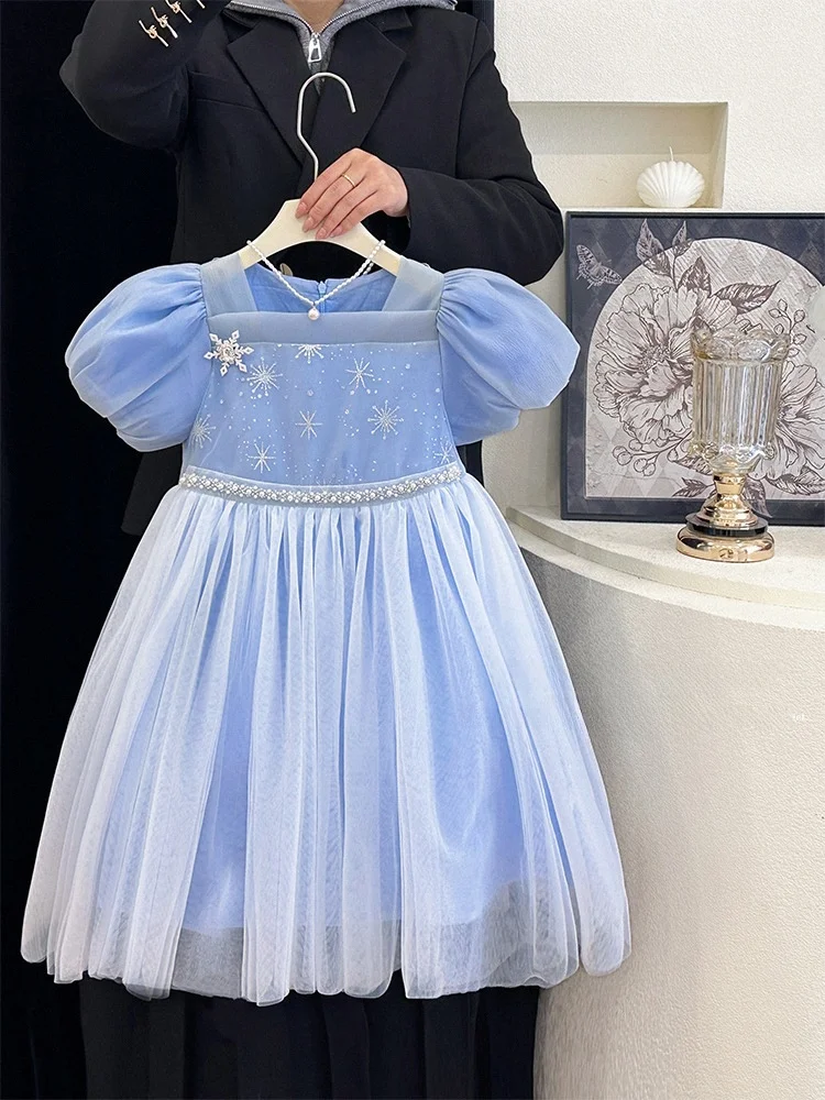 Saia de Princesa Elsa para Meninas, Roupas de Verão, Vestido de Algodão Macio e Respirável para Aniversário, Tema de Contos d...