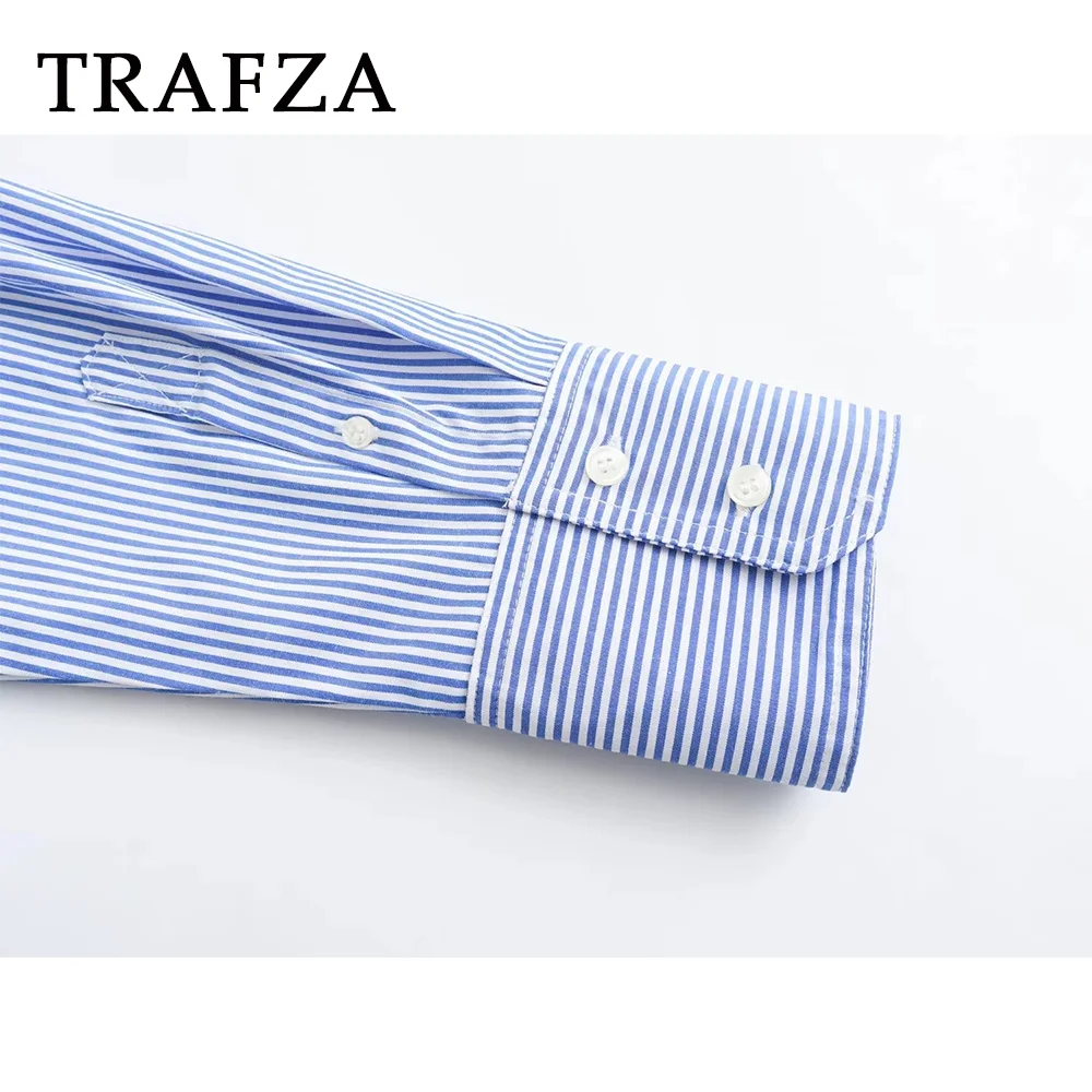 TRAFZA-camisa informal de popelina para mujer, camisa holgada a rayas con cuello vuelto, Estilo Vintage elegante, a la moda, para otoño e invierno, 2023