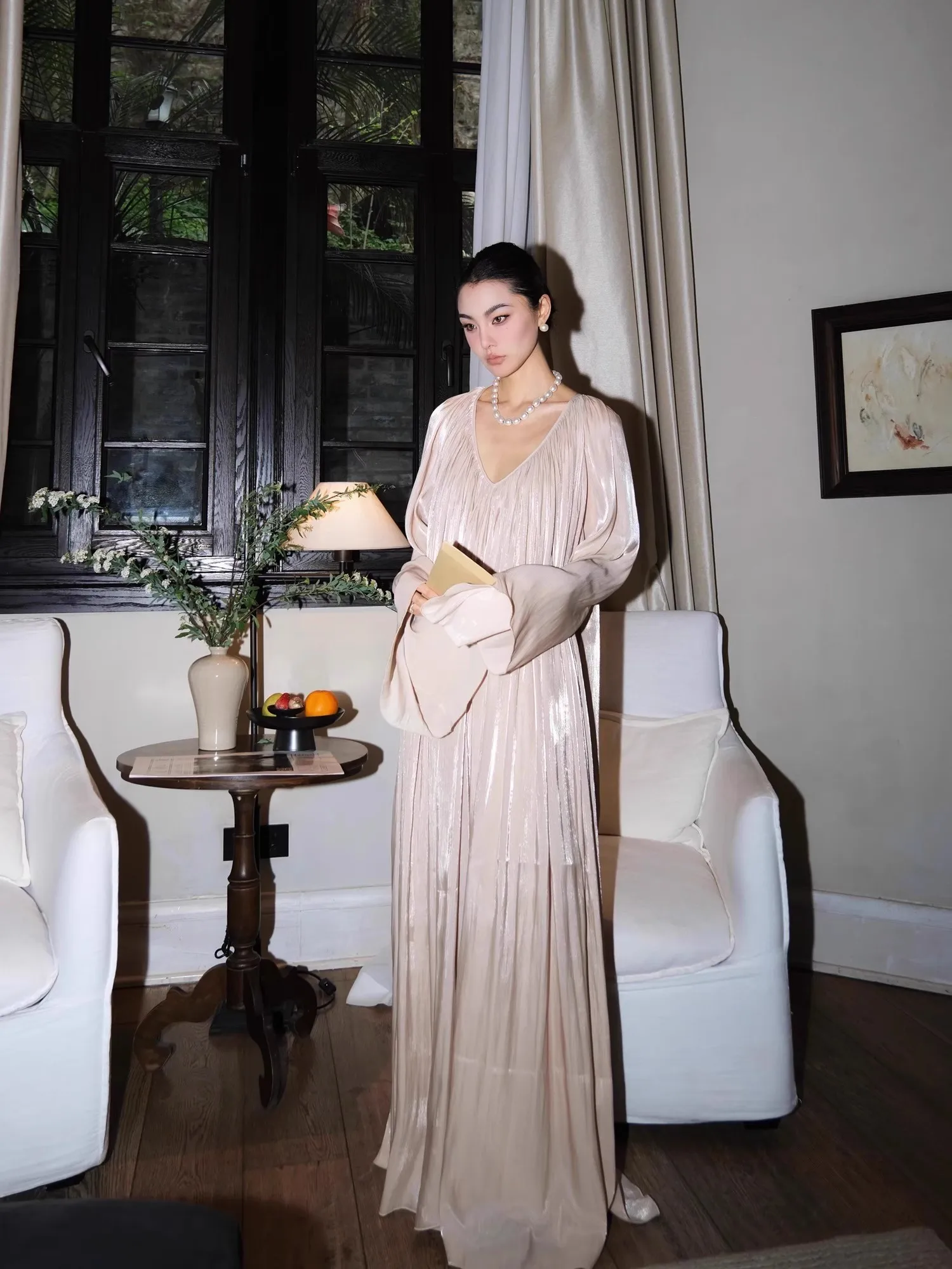 

Lautaro Spring Autumn Long Loose Casual Thin Flowy Soft Shiny Floor Length Dress Women V Neck Long Sleeve Luxury Clothes 2025