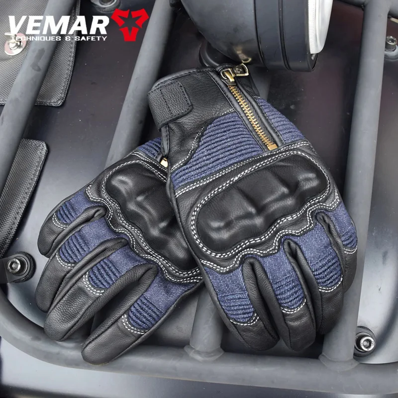 Vemar 2023 New Goatskin Motorcycle Full Finger Gloves Retro Zipper Motocross Gloves Leather Denim Motobiker Gloves