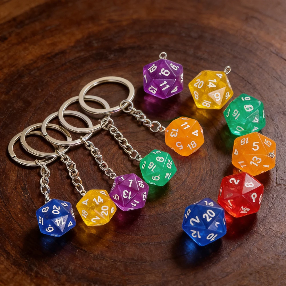 Colorful Translucent 20 Sided Dice Keychain Creative Resin Decorative Ornament RGB Gaming Fun Pendant DIY Jewelry Accessories