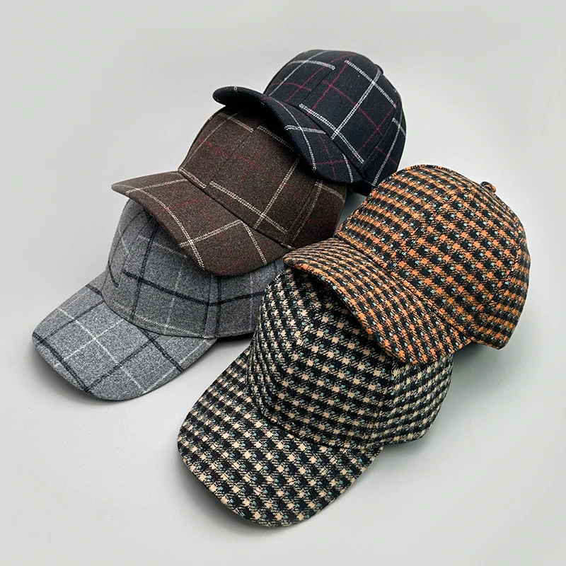 Woolen Cloth Versatile Baseball Caps Autumn and Winter New Men Women Cotton British Style Fashion Casual Retro Check Personal