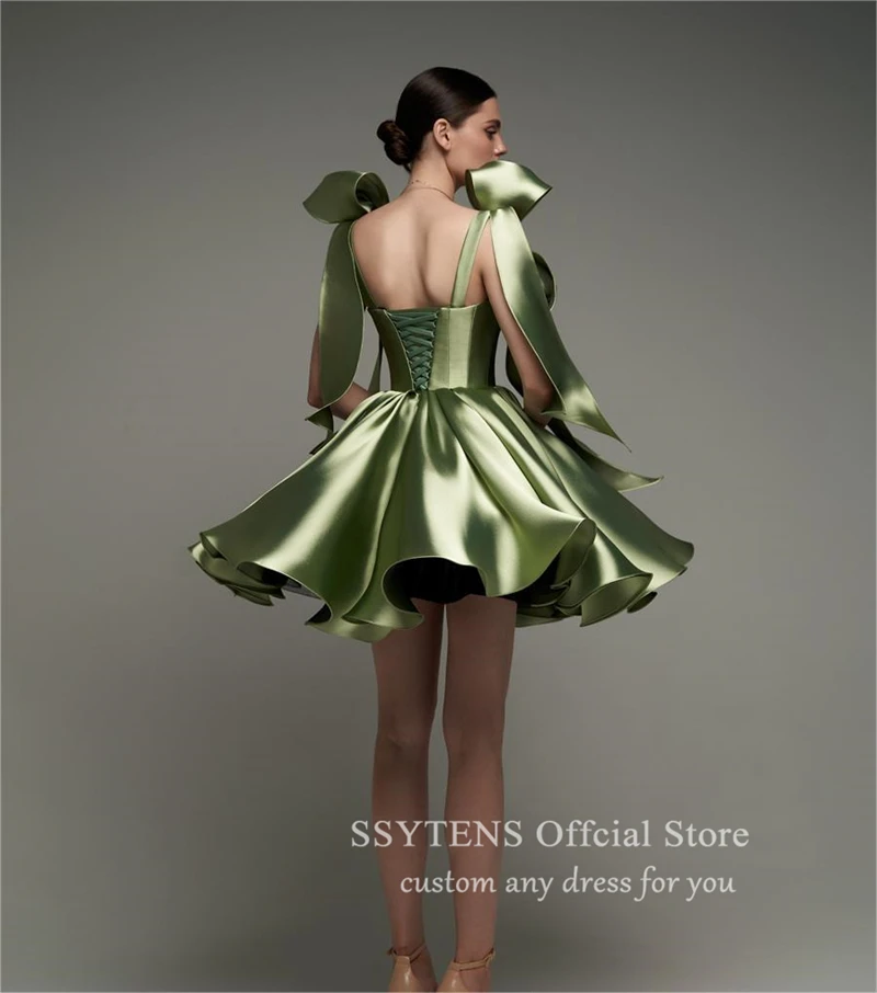 Green Short Satin Evening Dresses Spaghetti Straps With Bow Off the Shoulder Birthday Party Cocktail Dresses Lace-up Robe De Bal